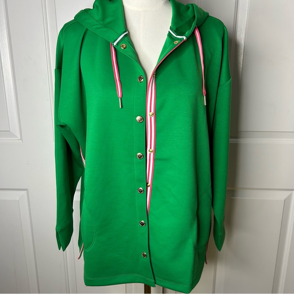 Isaac Mizrahi Live! Regular Clubhouse Scuba Knit Snap Front Tunic w/ Hood - Picture 2 of 9